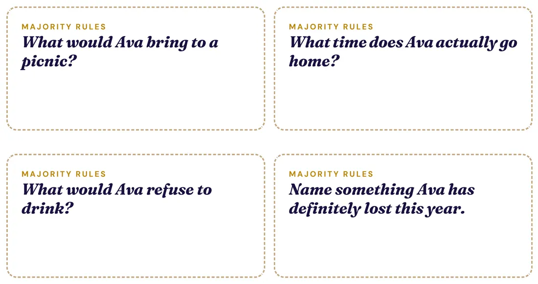 Printed question cards, each one naming the guest of honour